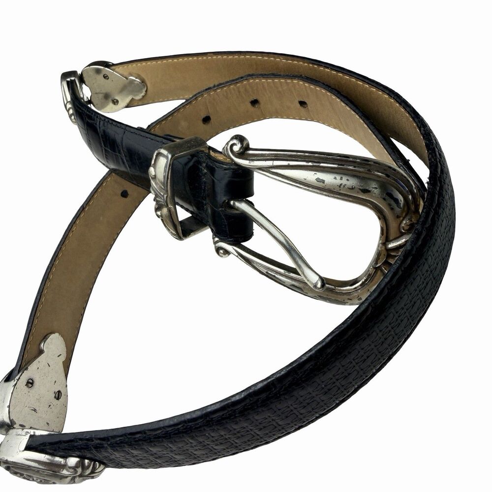 Brighton Smooth Black Leather Belt Women's Small Silver Links Hearts 90s Y2K